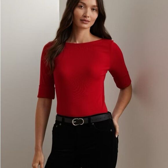 Ralph Lauren Vibrant Red Top with Blue and White Cuffed Sleeve - Picture 1 of 5